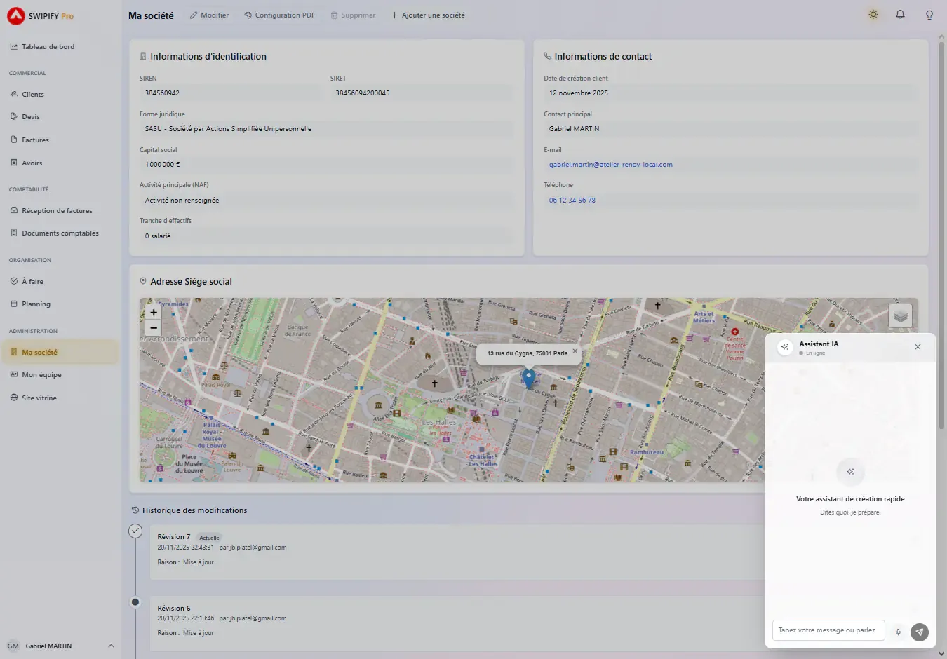 Conversation avec l'IA SWIPIFY pour générer une facture par dictée