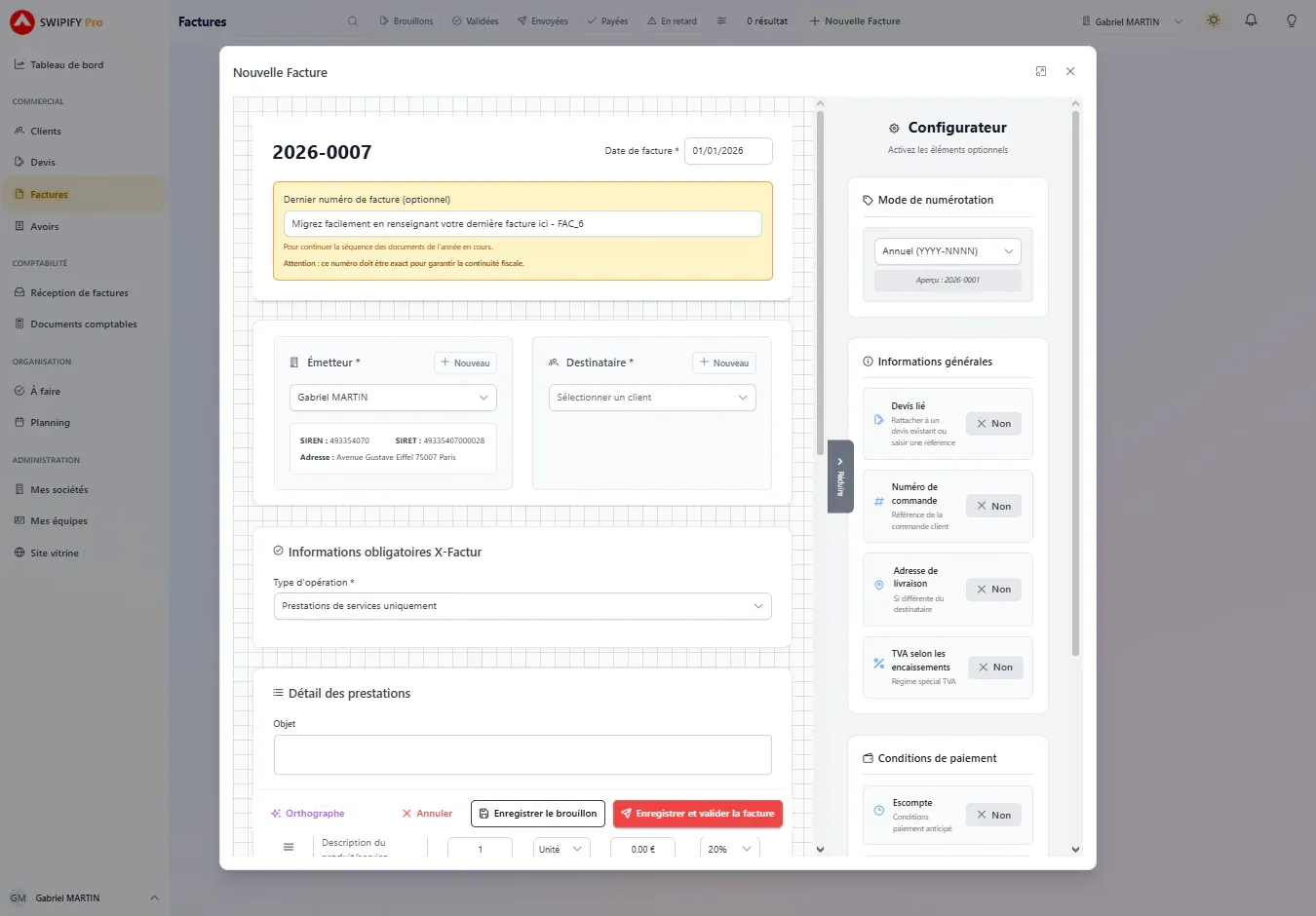 Tableau de bord SWIPIFY — chiffre d'affaires, trésorerie et factures en cours